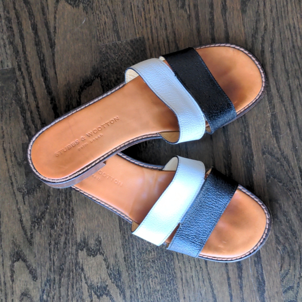 Stubbs & Wootton Black White Leather Slides